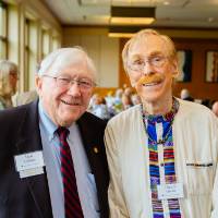 President Emeritus Don Lubbers posing with a guest at the Retiree Reception.